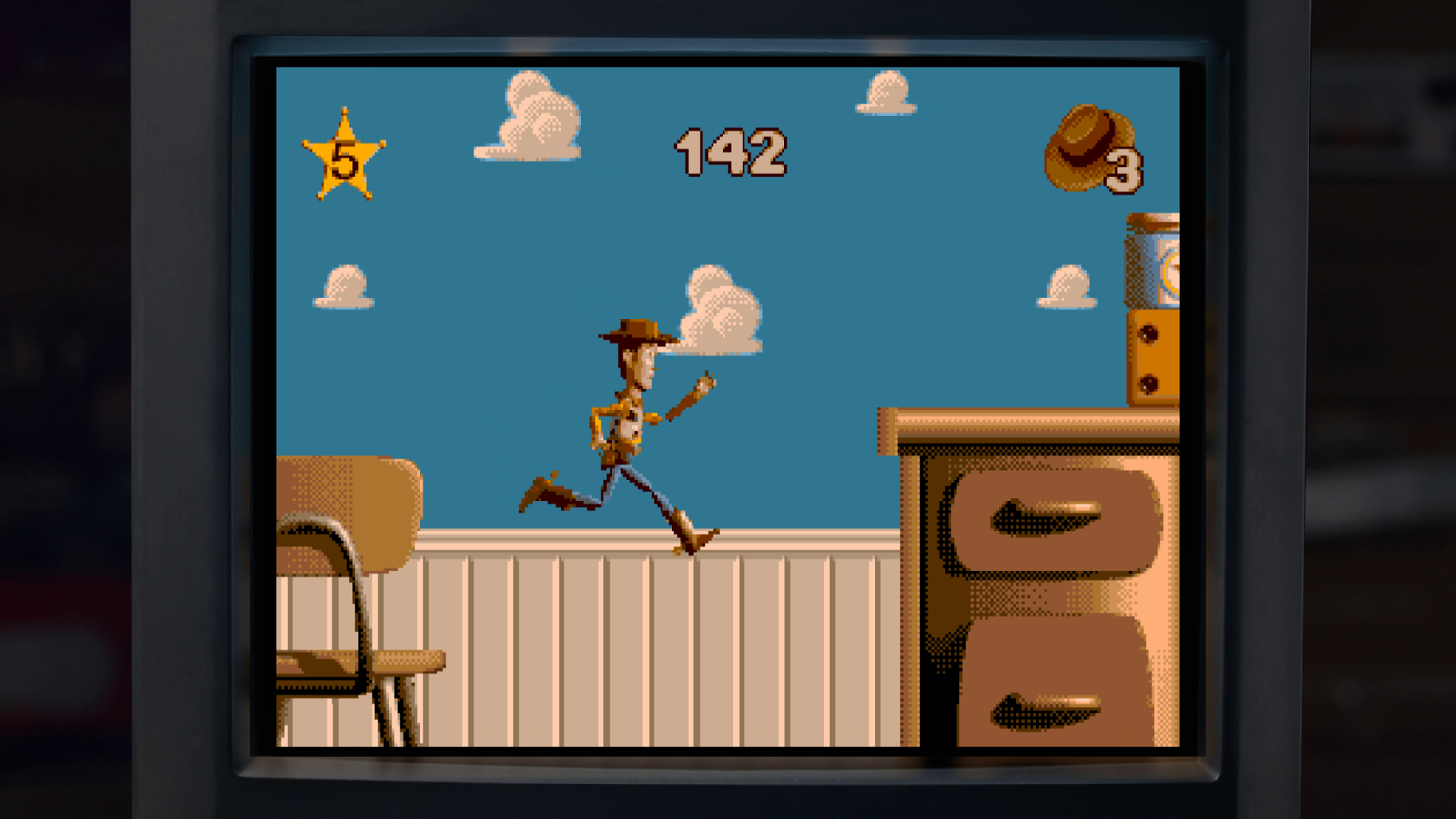 Toy Story Retro Roundup shows Woody in a 2D Toy Story game