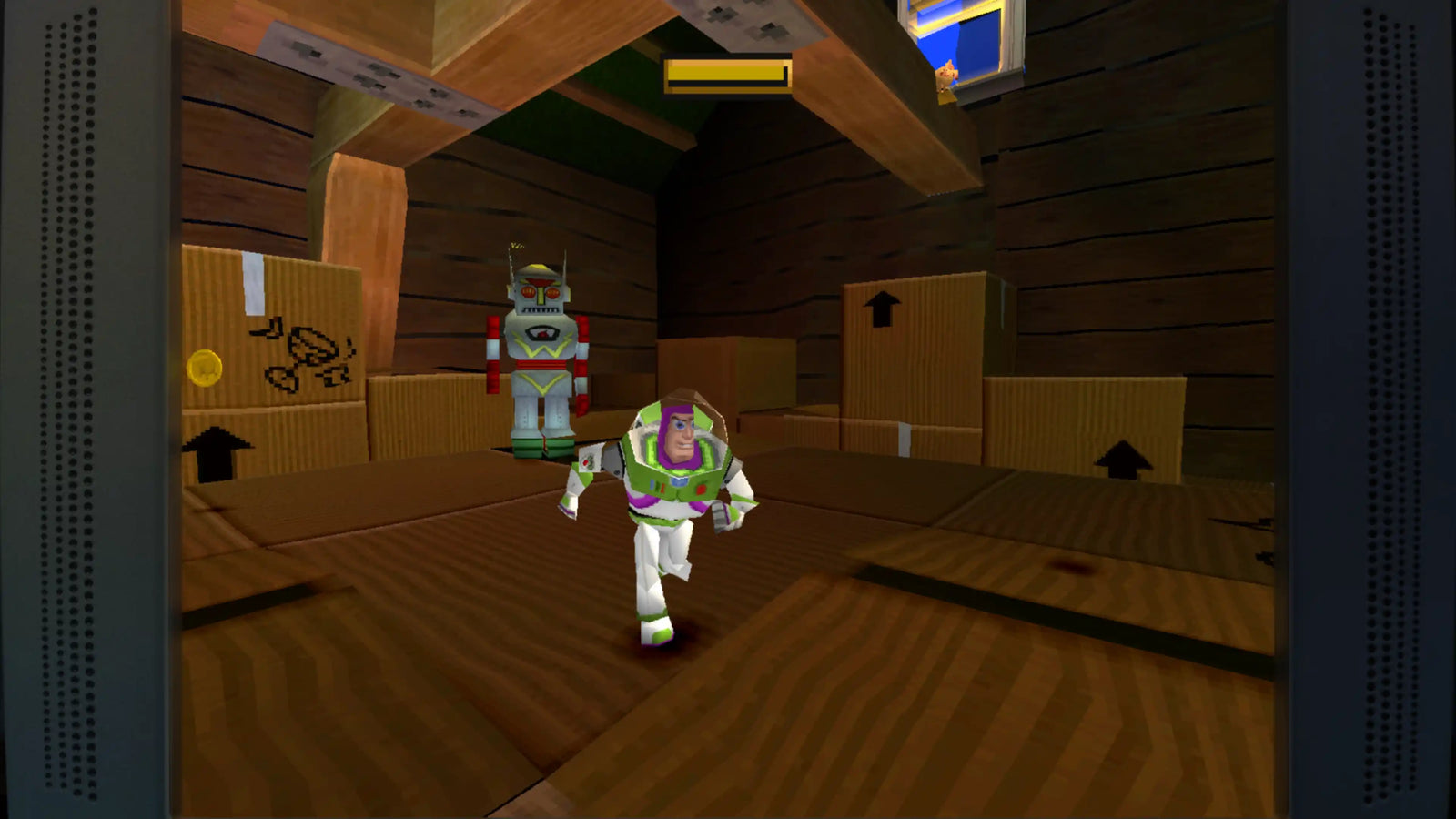 Toy Story Retro Roundup shows Buzz Lightyear in a retro 3D scene