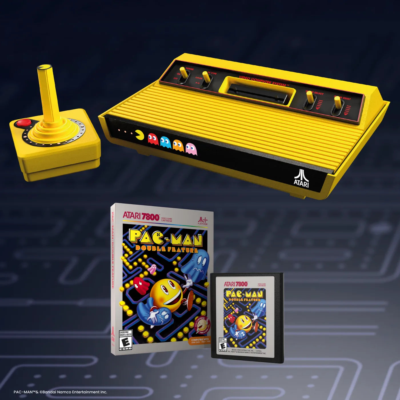 Atari 2600+ PAC-MAN Edition console with joystick and PAC-MAN: Double Feature game